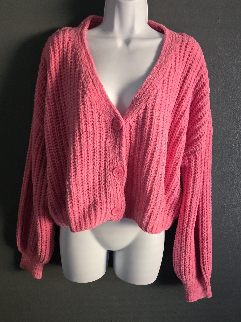Pink Chunky Knit Cropped Coquette Y2K Sweater Cardigan XL